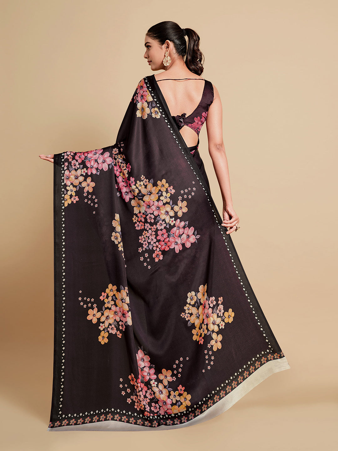 Sangria Black & Burgundy Floral Zari Satin Saree | Grocsy