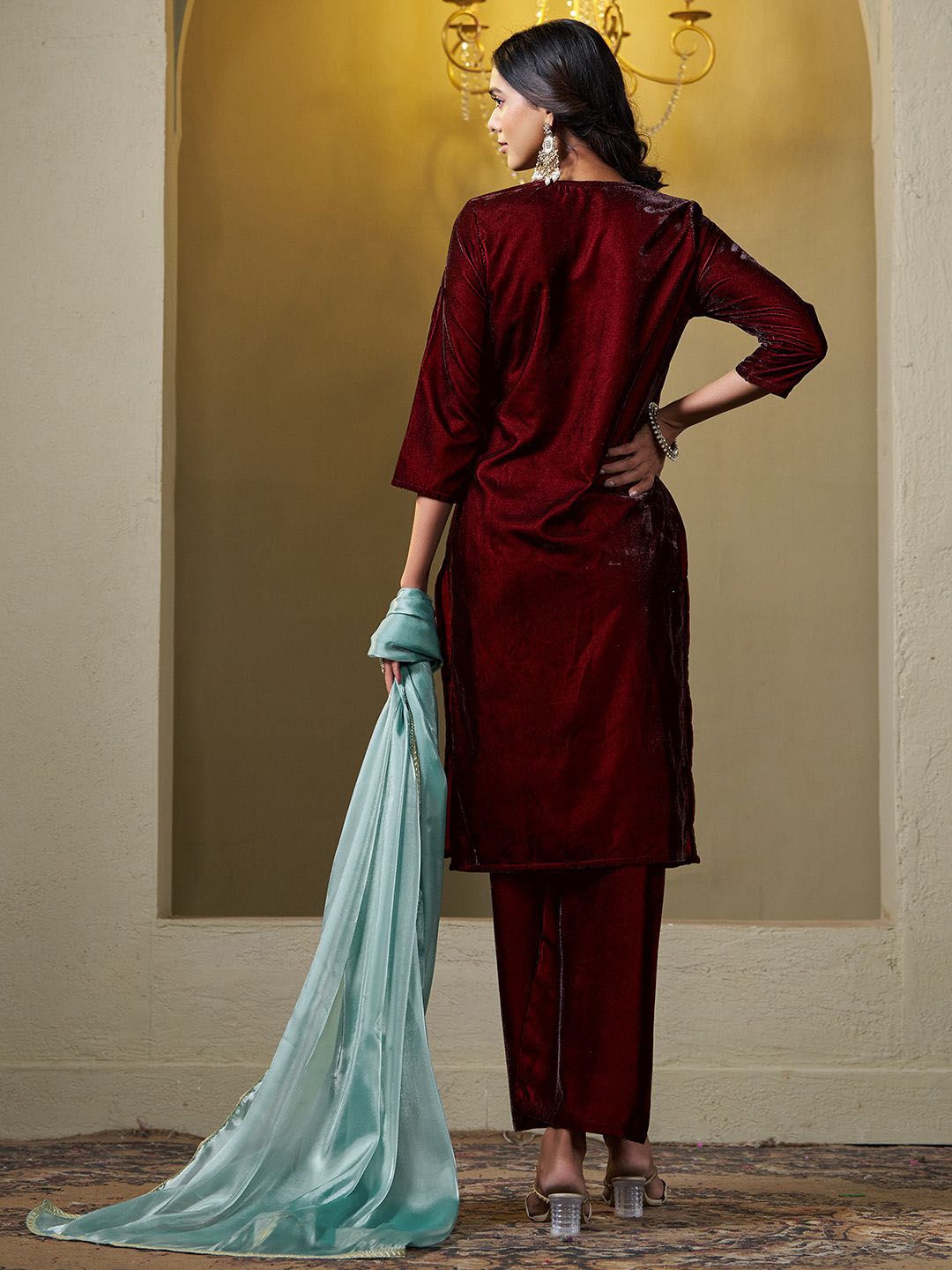 Sangria Embroidered Kurta & Trouser With Dupatta | Grocsy