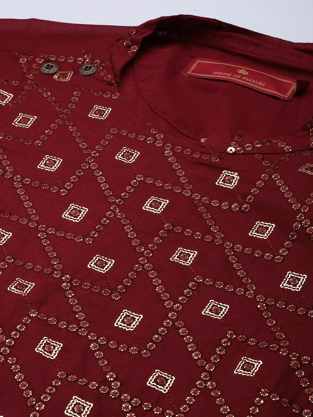House of Pataudi Ethnic Motifs Embroidered Pure Cotton Sequinned Jashn Kurta | Grocsy