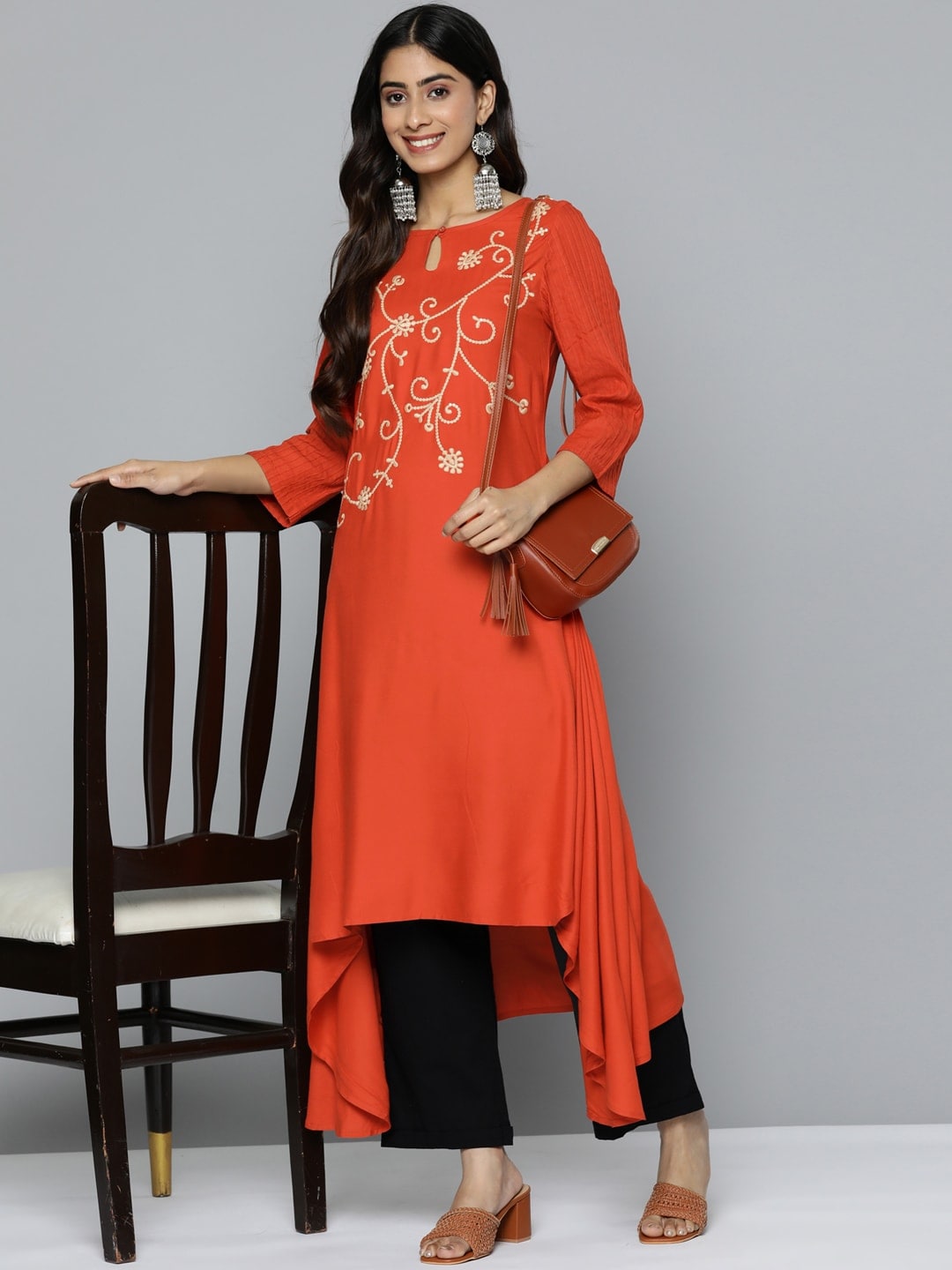 HERE&NOW Mirror Work Embroidered Keyhole Neck Asymmetric Dipped Hem Kurta | Grocsy