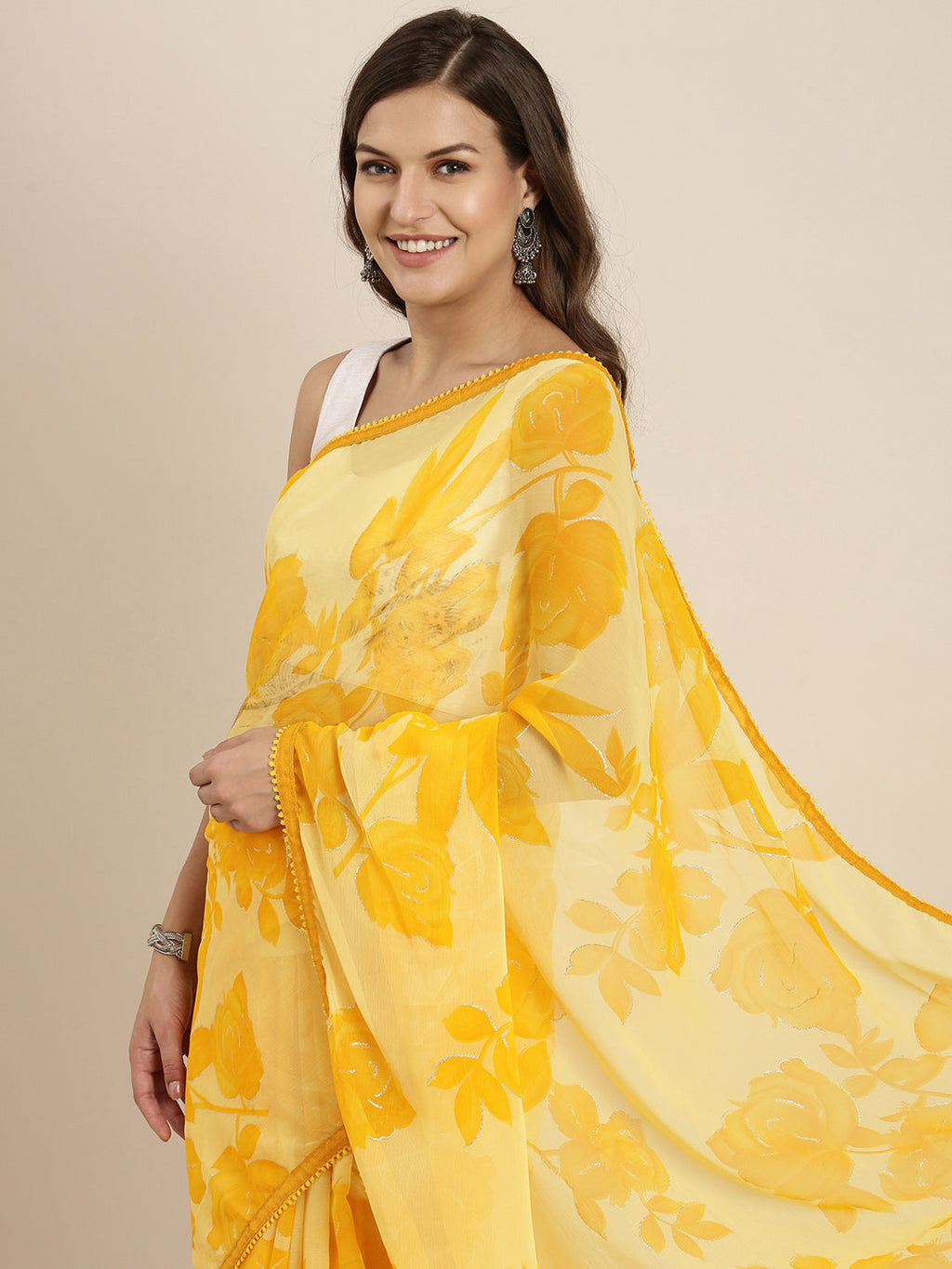 Sangria Yellow Floral Pure Chiffon Saree | Grocsy