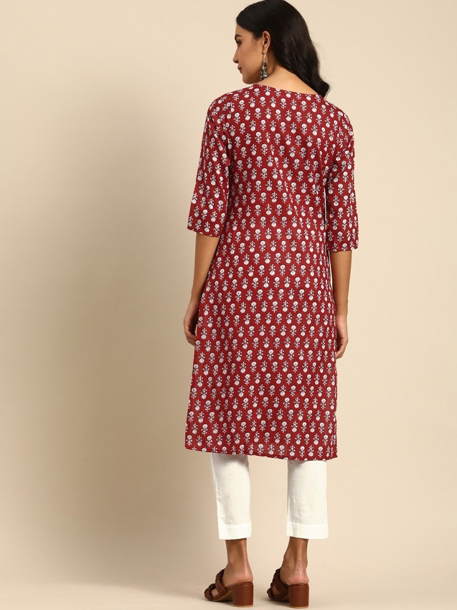 All About You Women Maroon Printed Pure Cotton Kurta with Trousers | Grocsy