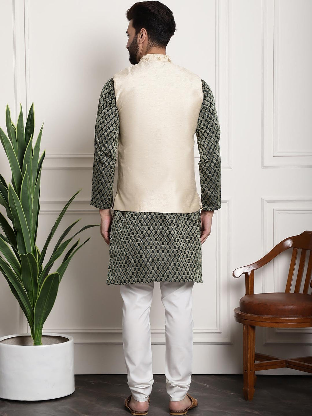 Sojanya Men Green Ethnic Motifs Kurta with Churidar with Nehru Jacket | Grocsy