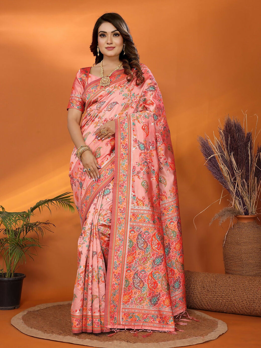 Joban Fashion Peach Meena Weaves Pashmina Sarees | Grocsy
