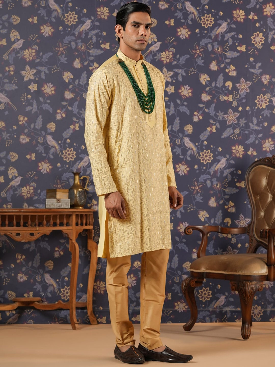 House of Pataudi Ethnic Motifs Embroidered Mandarin Collar Straight Kurta With Churidar | Grocsy