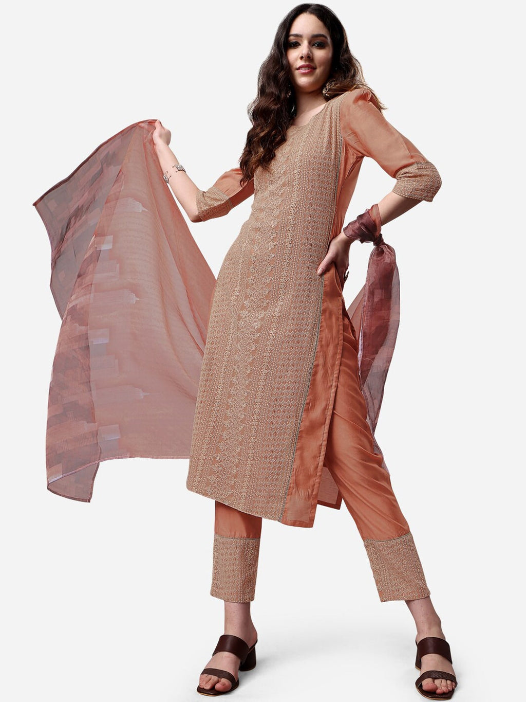 HERE&NOW Lucknowi Chikankari Schiffli Chanderi Silk Kurta Trousers with Organza Dupatta | Grocsy