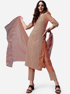 HERE&NOW Lucknowi Chikankari Schiffli Chanderi Silk Kurta Trousers with Organza Dupatta | Grocsy