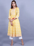HERE&NOW Women Yellow Floral Printed Sequined A-Line Kurta with Trousers | Grocsy