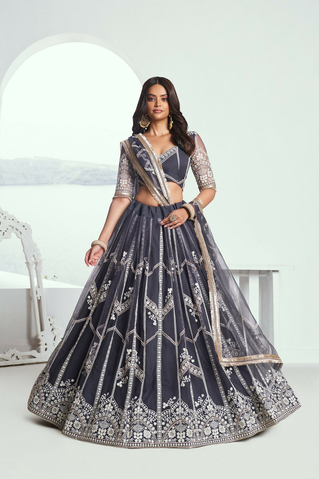 Eilara Appealing Dark Gray Net With Embroidered And Thread Zari Sequence Party Wear Lehenga Choli | Grocsy