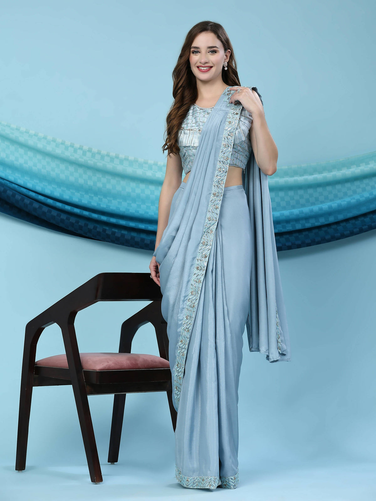 Blue Silk Satin Solid Ready to wear Saree with stitched Blouse - Satiksha | Grocsy