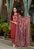 Juniper Women's Brown Thread Embroidered Liva Rayon Kurta Pant And Dupatta Set With Sequins | Grocsy