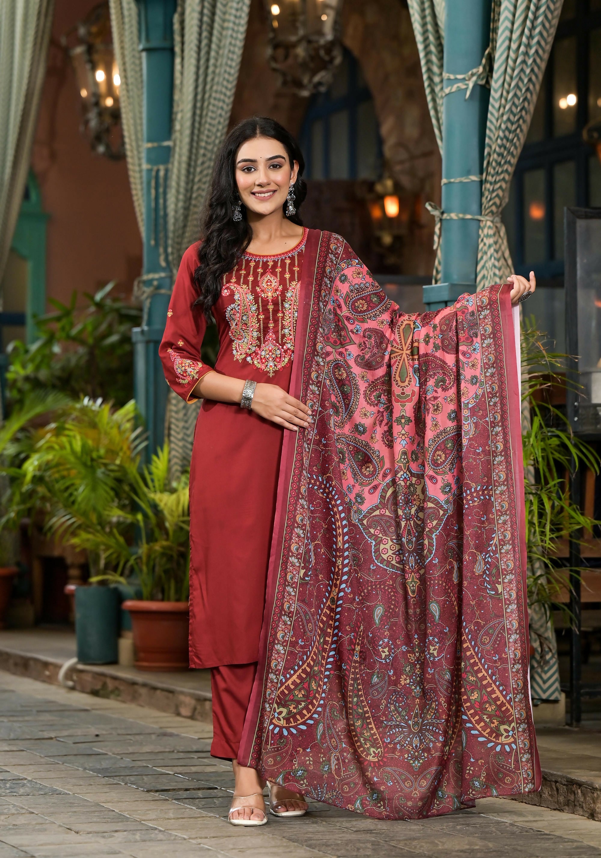 Juniper Women's Brown Thread Embroidered Liva Rayon Kurta Pant And Dupatta Set With Sequins | Grocsy