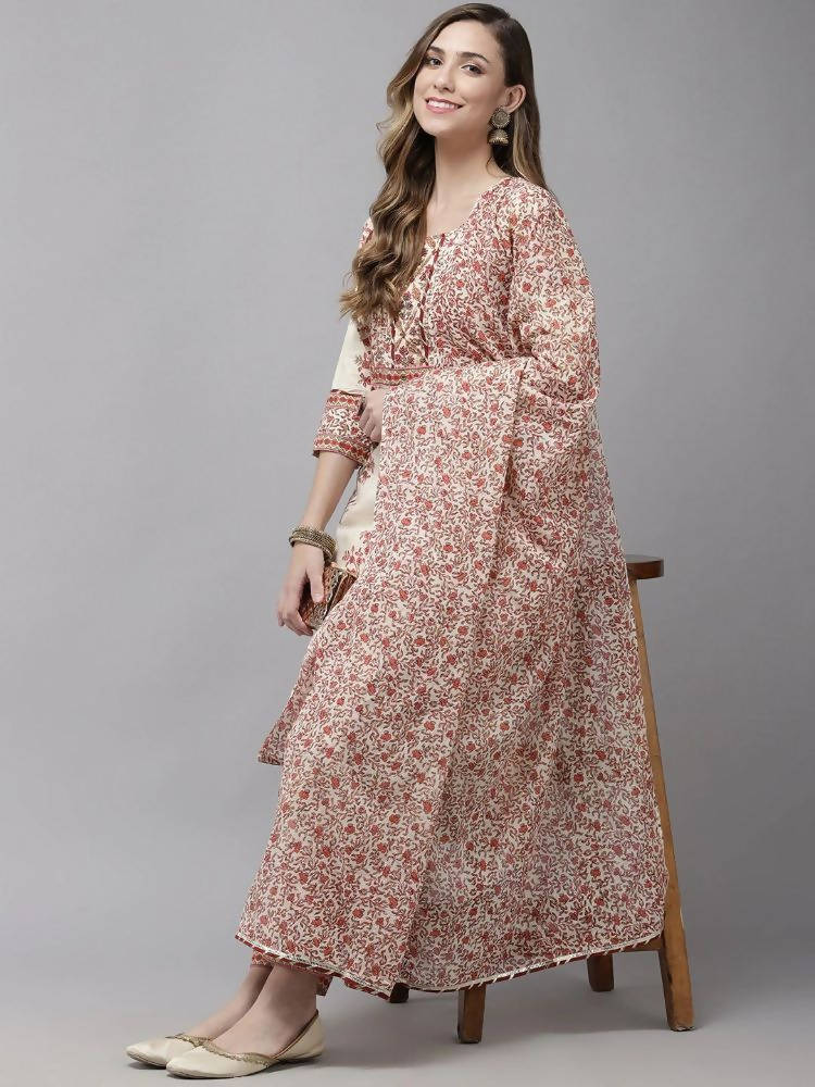 Yufta Women Off White printed Kurta with Trouser & With Dupatta | Grocsy