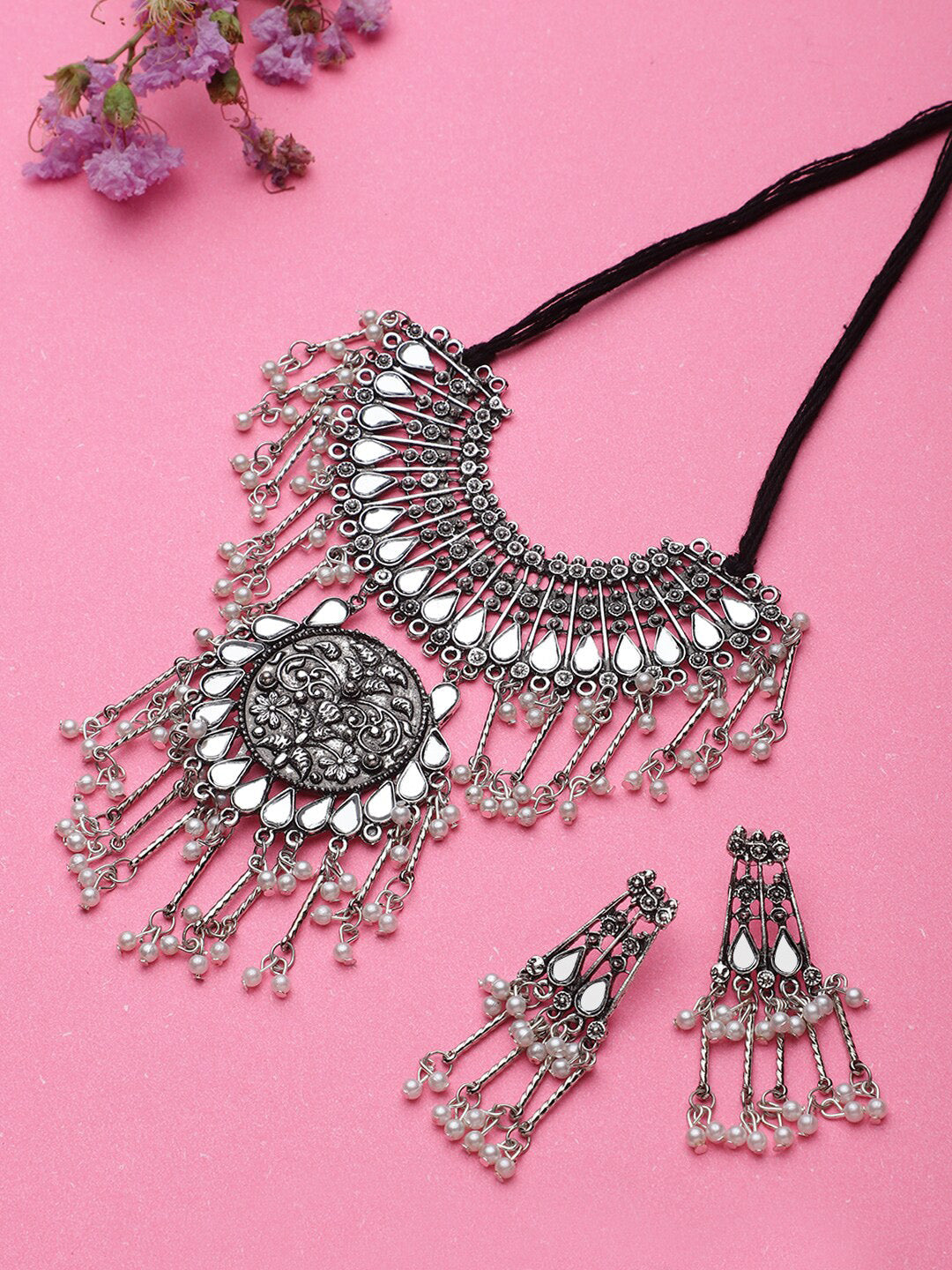 Cardinal Silver-Toned Mirror Studded & Beaded Oxidised Choker Jewellery Set | Grocsy