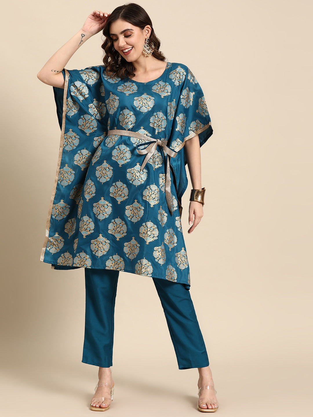 Sangria Ethnic Motifs Printed Gotta Patti Kurta with Trousers | Grocsy
