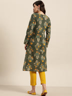 Sangria Women Olive Green & Mustard Yellow Pure Cotton Floral Printed Kurta | Grocsy