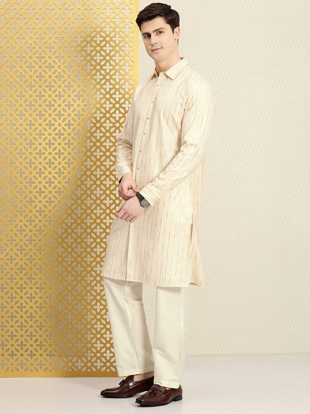 House of Pataudi Men Jashn Embroidered Sequinned Pure Cotton Kurta with Trousers | Grocsy