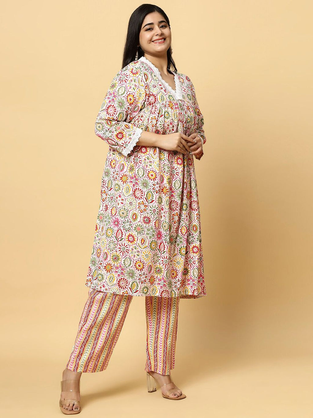 Sztori Plus Size Floral Printed V- Neck Pleated Pure Cotton A-Line Kurta With Lace Detail | Grocsy
