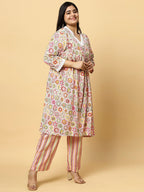Sztori Plus Size Floral Printed V- Neck Pleated Pure Cotton A-Line Kurta With Lace Detail | Grocsy