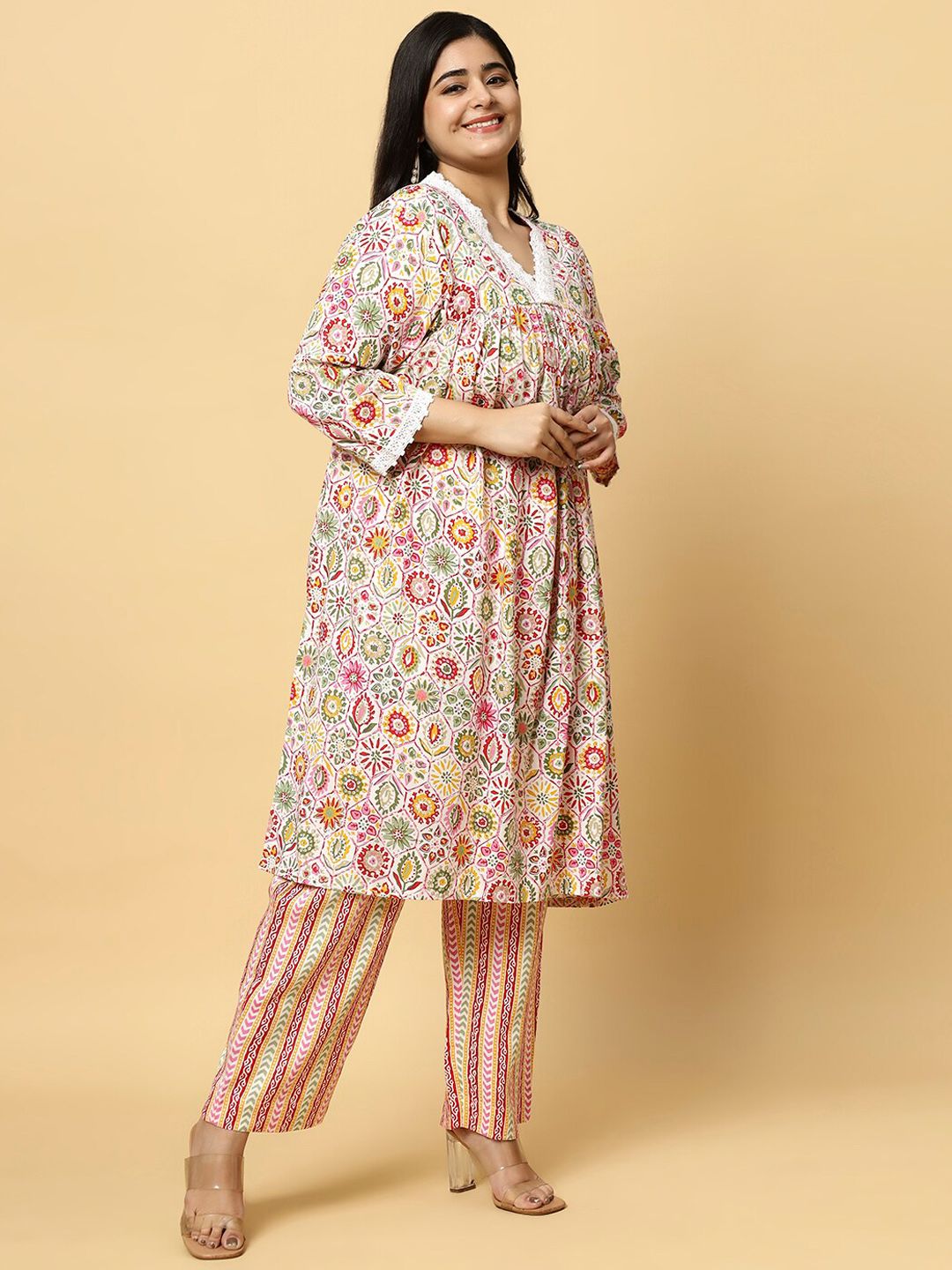 Sztori Plus Size Floral Printed V- Neck Pleated Pure Cotton A-Line Kurta With Lace Detail | Grocsy