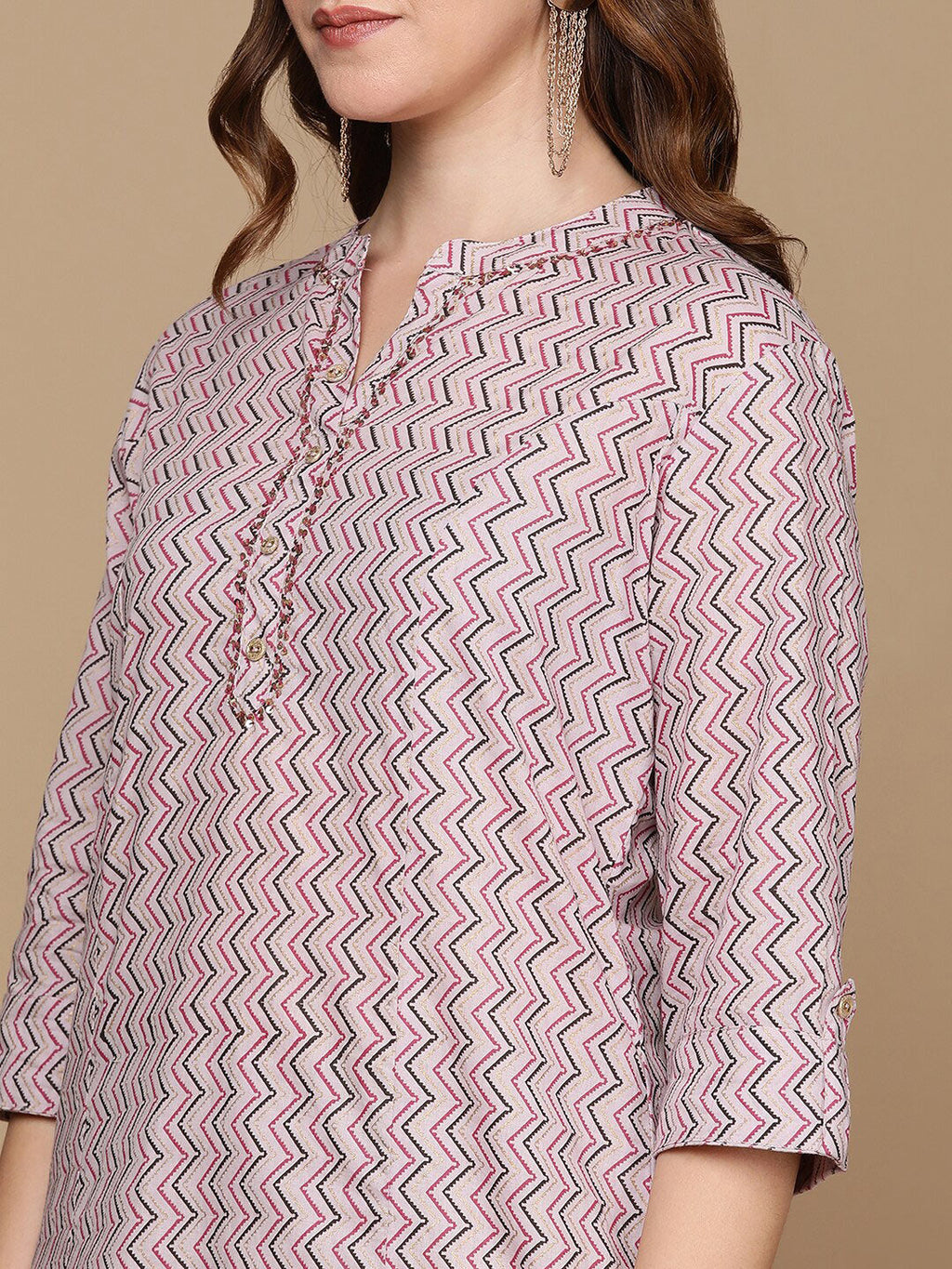 HERE&NOW Pink & Brown Chevron Printed Sequined Pure Cotton Kurta | Grocsy