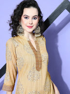 All About You Beige Floral Printed Regular Gotta Patti Liva Kurta With Palazzos | Grocsy