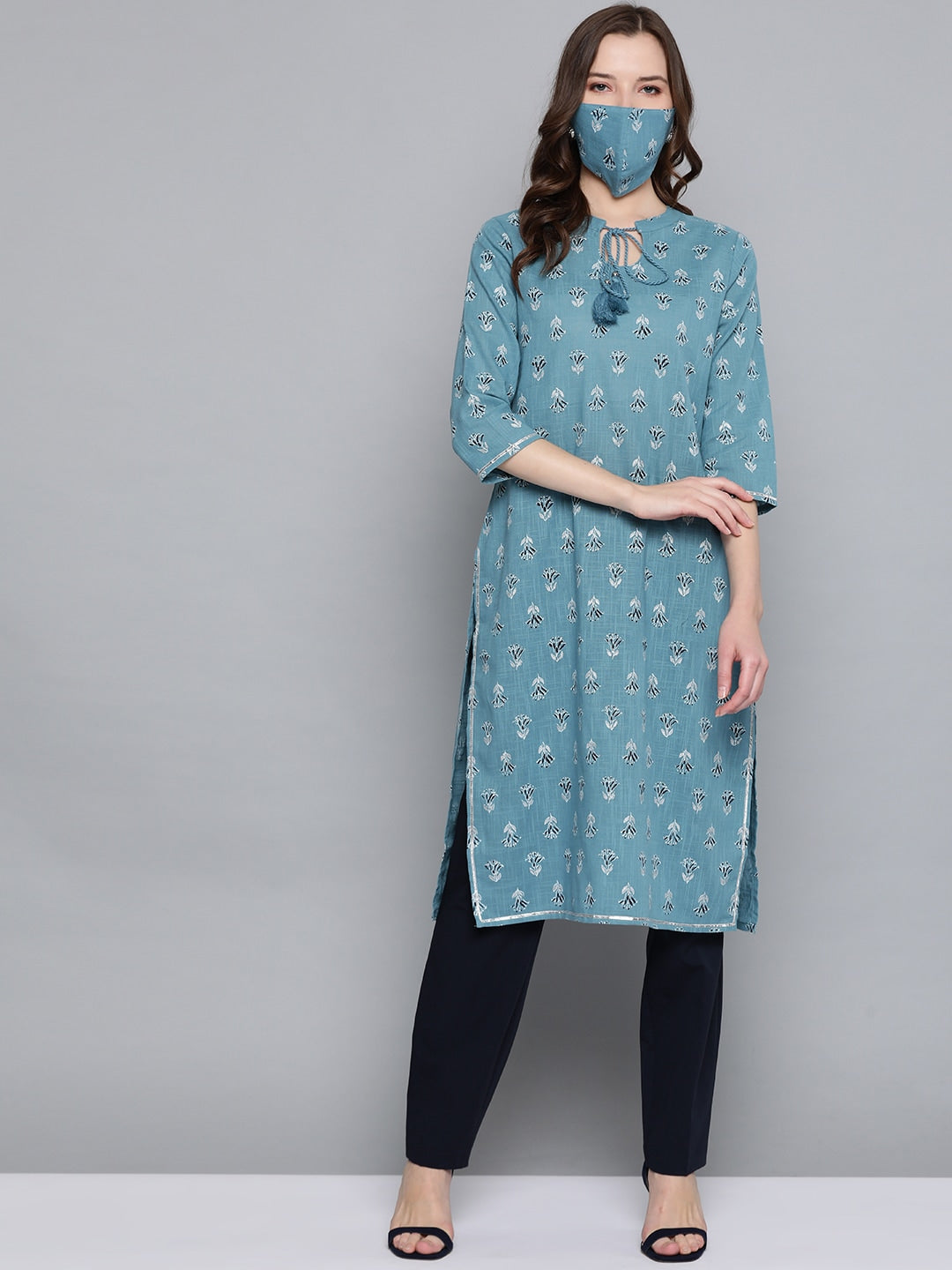 HERE&NOW Women Blue White Printed Straight Kurta | Grocsy