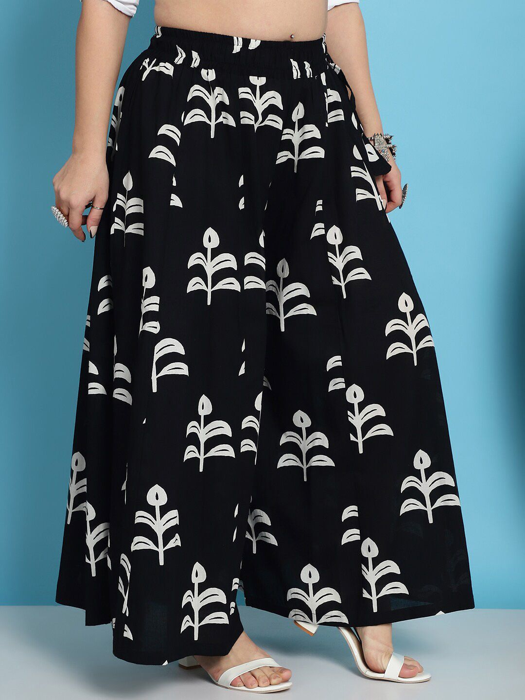 TAG 7 Floral Block Printed Flared Pure Cotton Ethnic Palazzos | Grocsy