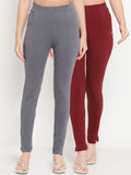 TAG 7 Women Set of 2 Maroon & Grey Ankle Length Leggings | Grocsy