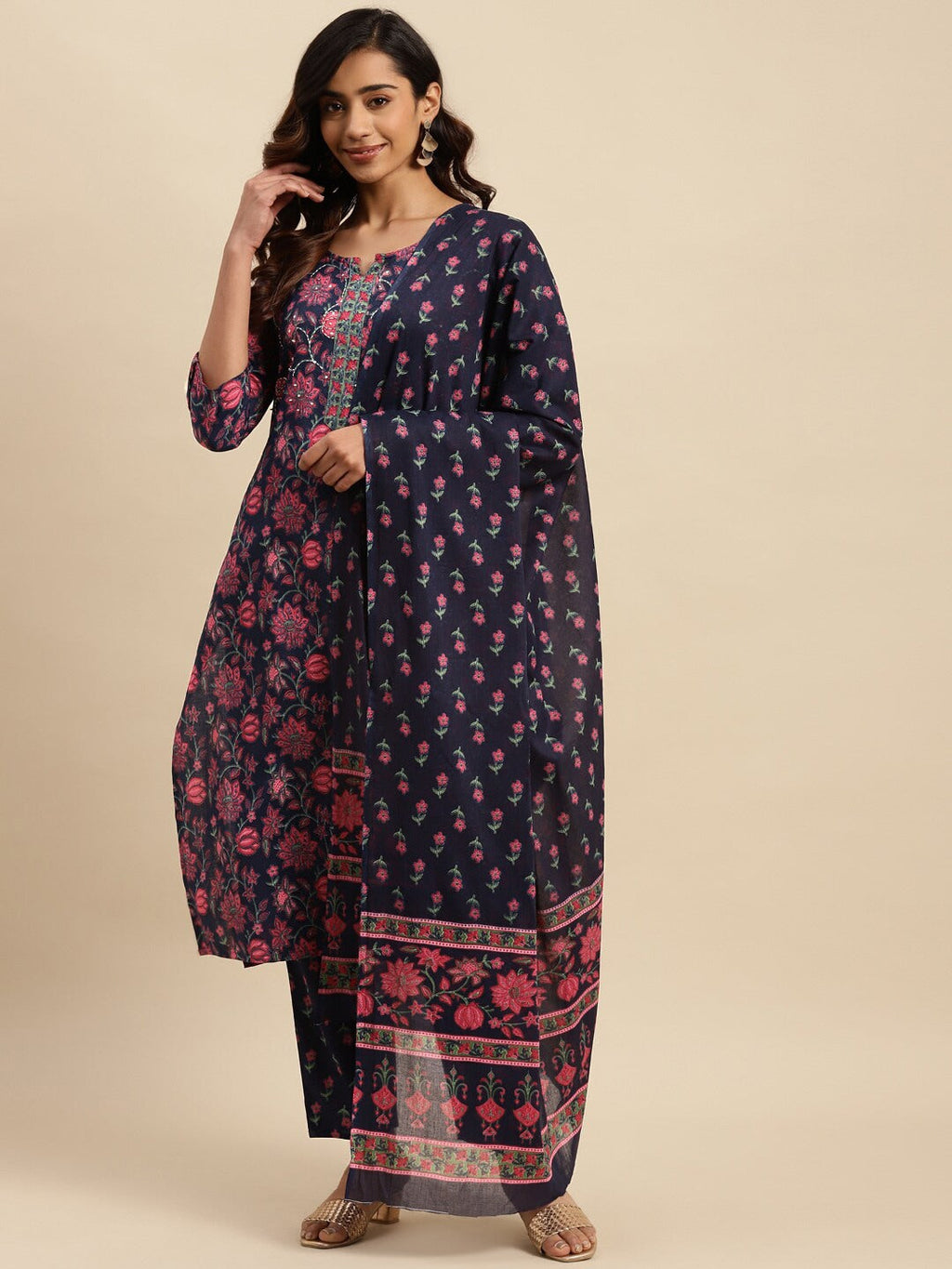 Sangria Navy Blue Floral Printed Beads and Stones Pure Cotton Kurta With Trouser & Dupatta | Grocsy