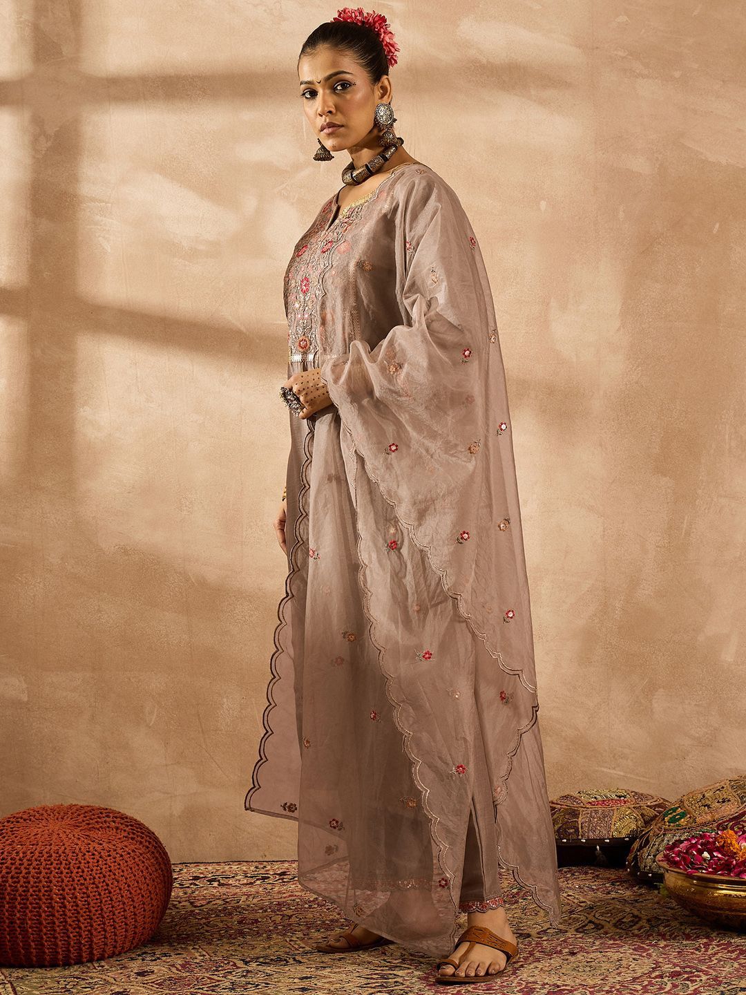 Indo Era Women Ethnic Motifs Embroidered Regular Thread Work Kurta with Trousers & With Dupatta | Grocsy