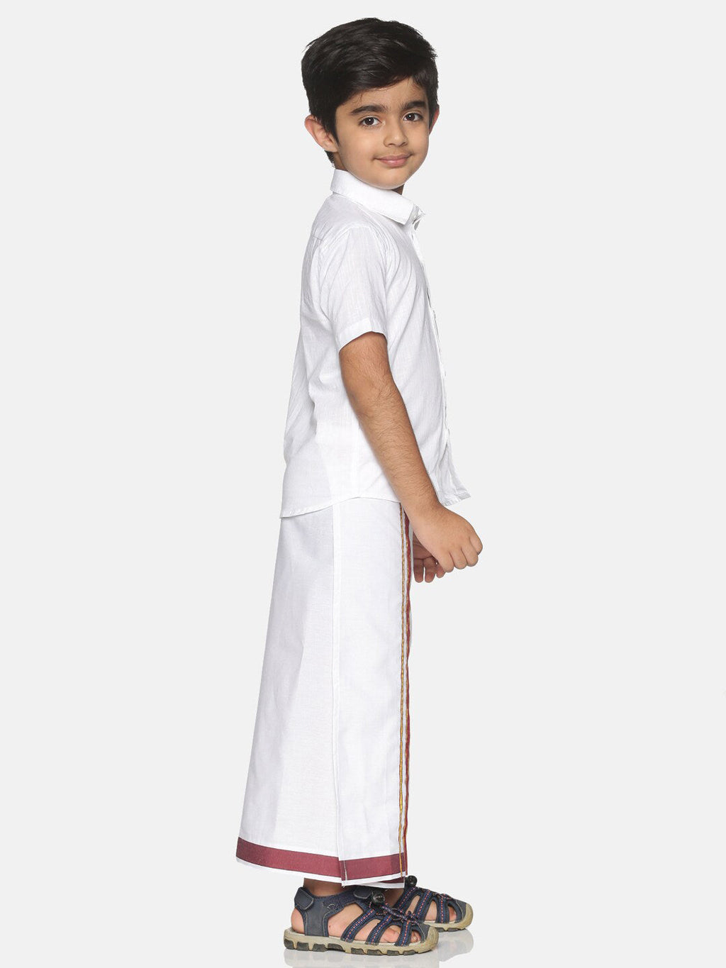 Sethukrishna Boys White & Red Pure Cotton Solid Shirt and Veshti Set | Grocsy