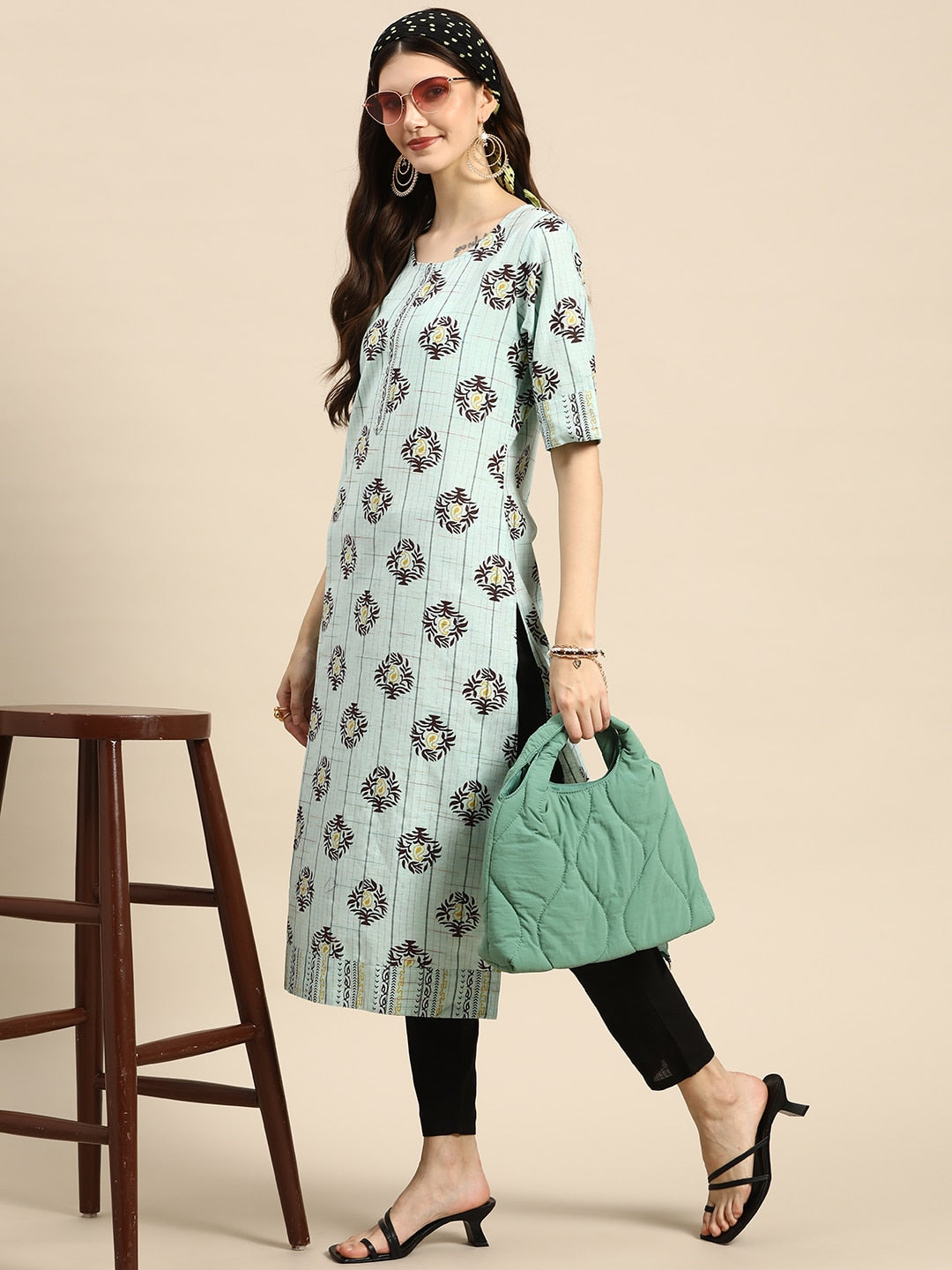 Sangria Women Blue & Brown Ethnic Motifs Printed Kurta | Grocsy