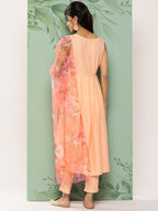 HERE&NOW Women Floral Yoke Design Pleated Thread Work Kurta with Trousers & Dupatta | Grocsy