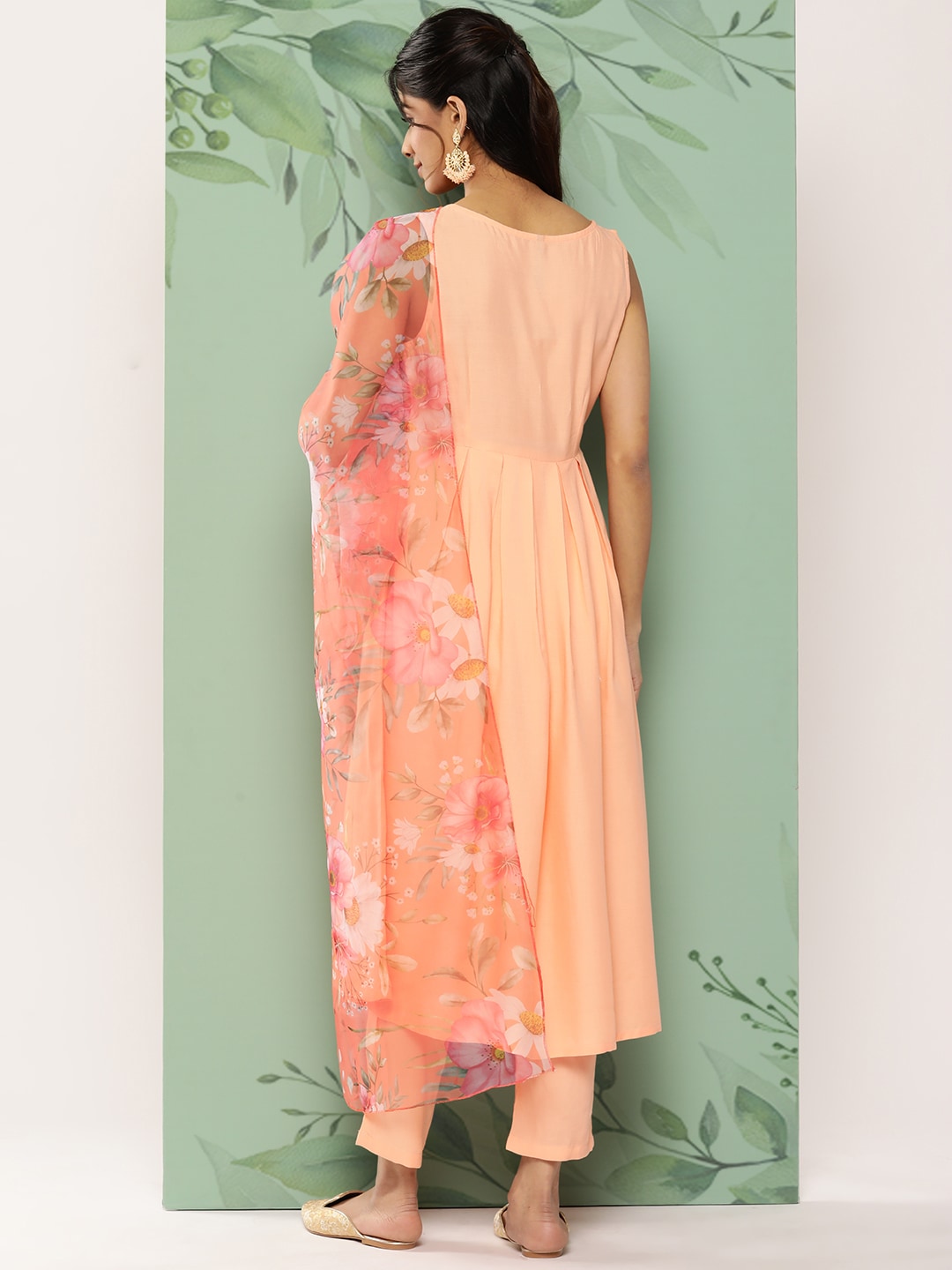 HERE&NOW Women Floral Yoke Design Pleated Thread Work Kurta with Trousers & Dupatta | Grocsy