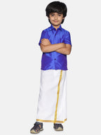 Sethukrishna Boys Blue & White Solid Shirt with Veshti Set | Grocsy
