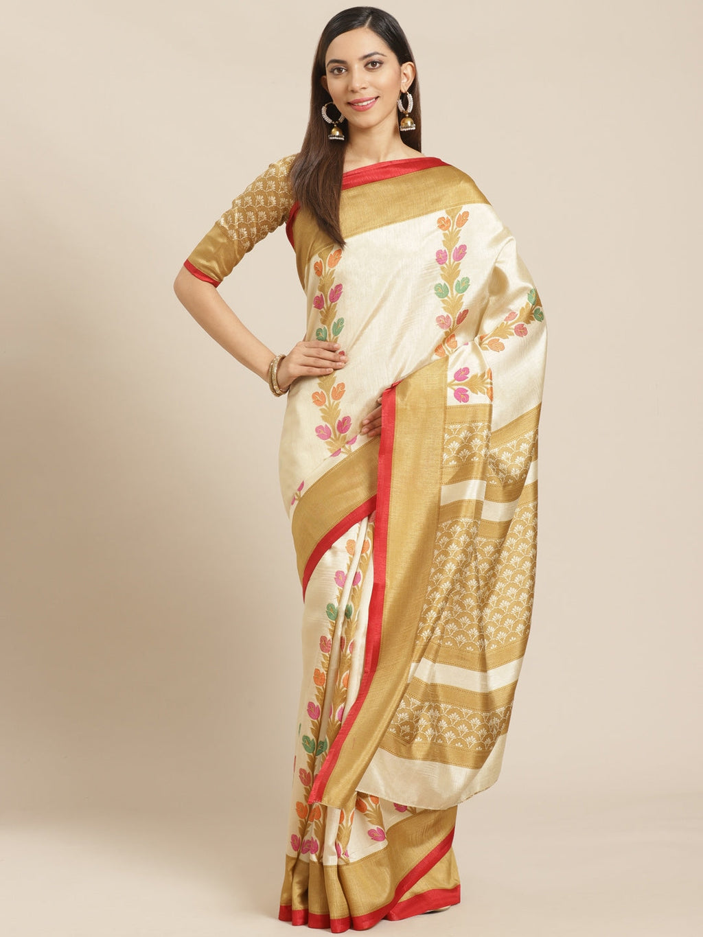 Saree Mall Beige & Cream-Coloured Printed Saree | Grocsy