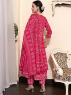 Sangria Printed & Embroidered Pure Cotton A-Line Kurta With Trouser & Dupatta | Grocsy