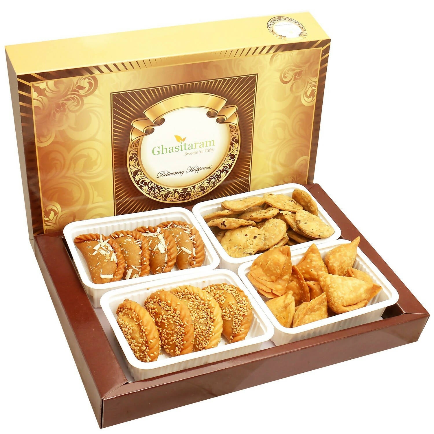 Ghasitaram Holi Hampers: Big Box of Traditioal Gujiyas, Til/ Sesame Gujiyas, Farsan Samosas and Methi Mathi Hamper | Grocsy