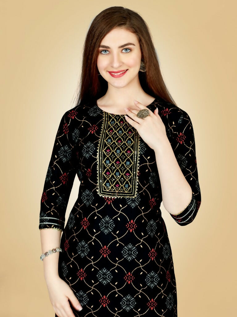 Jyoti Fashion Women's Black Viscose Rayon Embroidered Kurta Pant Set | Grocsy