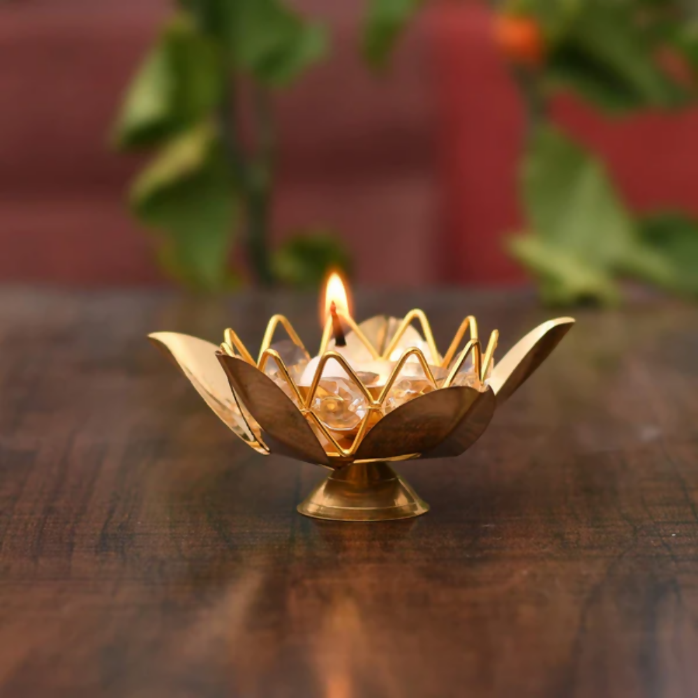 CraftVatika Brass Crystal Lotus Shape Diya Deepak With Gift Box | Grocsy