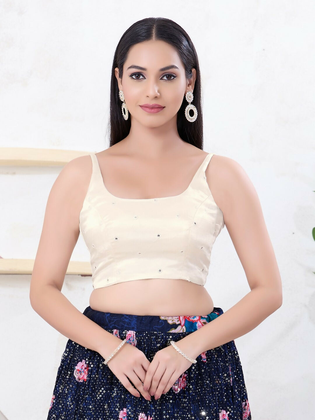 Joban Fashion Off-White Gajji Silk Sleeveless Back Open Blouse | Grocsy