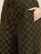 Sangria Women Olive Green & Golden Printed Kurta with Palazzos & Dupatta | Grocsy
