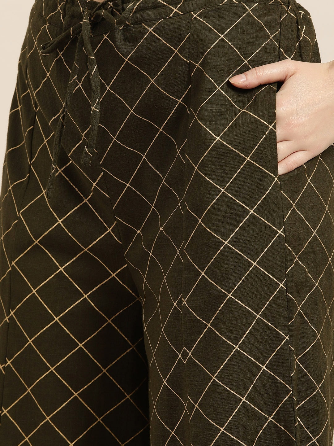 Sangria Women Olive Green & Golden Printed Kurta with Palazzos & Dupatta | Grocsy