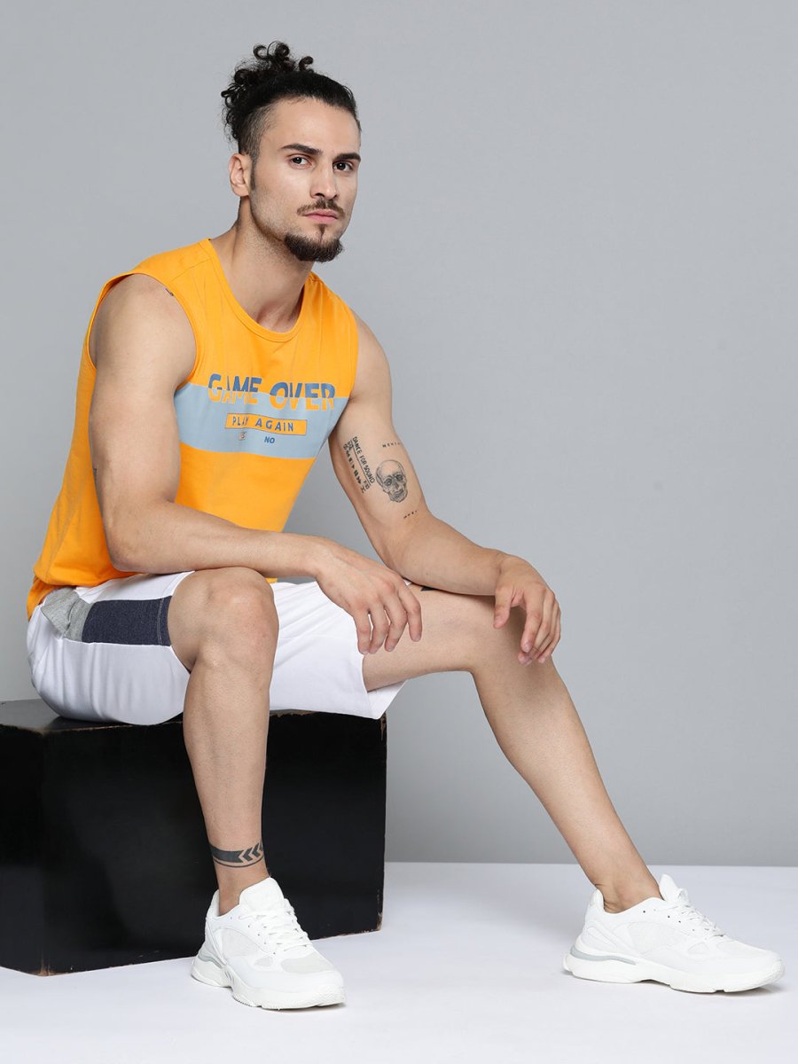 Alcis Men Mustard Yellow Typography Printed Slim Fit Gym T-shirt | Grocsy