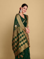 Sangria Green Ethnic Motifs Zari Linen Blend Saree | Grocsy