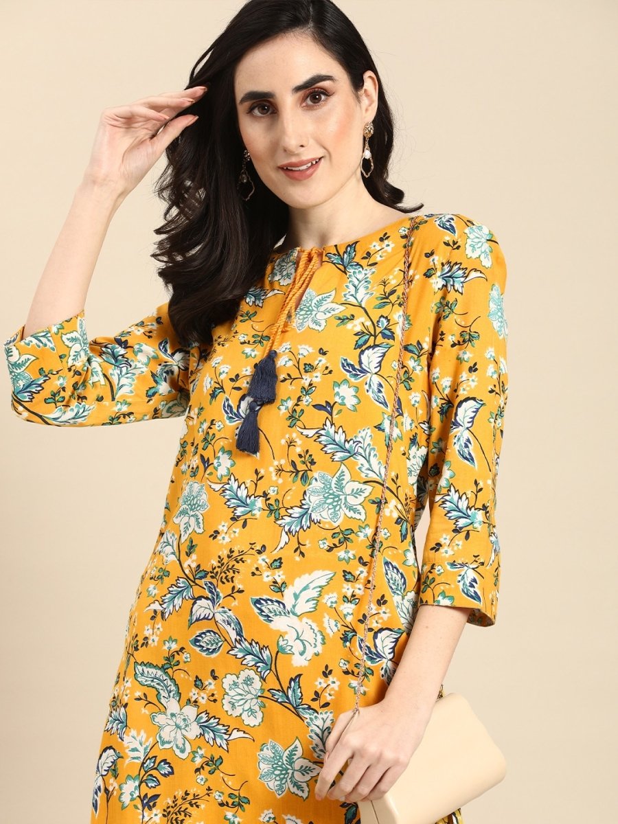 All About You Women Mustard Yellow & White Floral Printed Kurta with Trousers | Grocsy