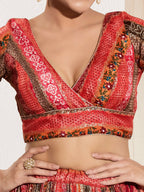 Joban Fashion Maroon Multi Brocade Padded Blouse With V Neck Elbow Sleeves | Grocsy