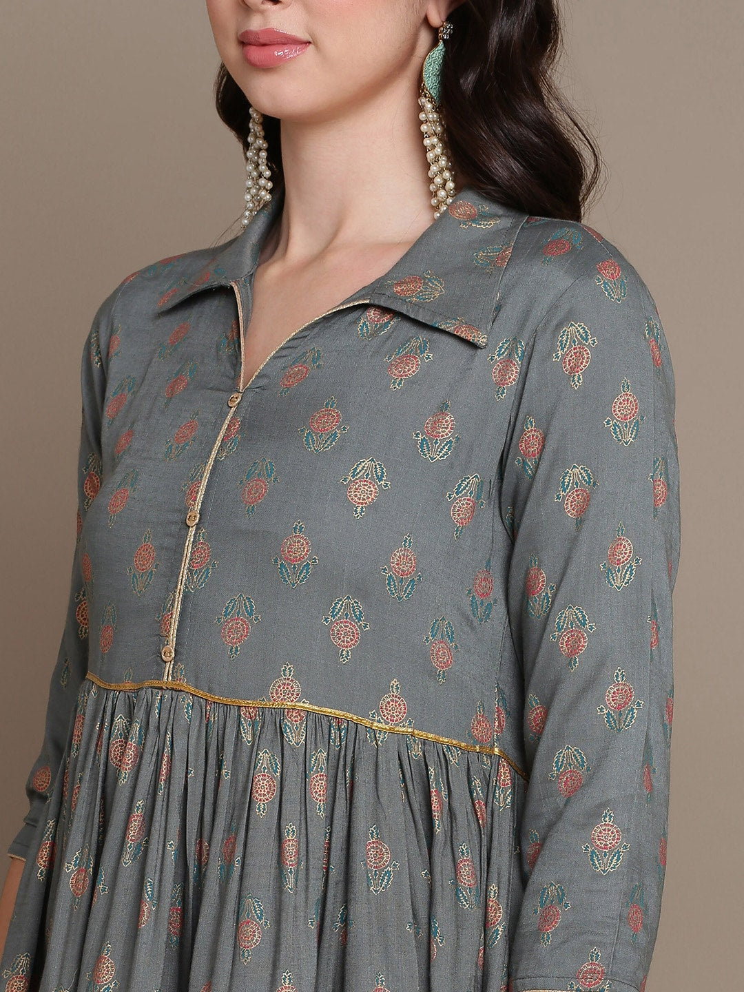 HERE&NOW Ethnic Motifs Printed Shirt Collar Tiered Pure Cotton A-Line Kurta | Grocsy