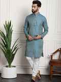Sojanya Men Blue & Off-White Woven Design Kurta with Churidar | Grocsy